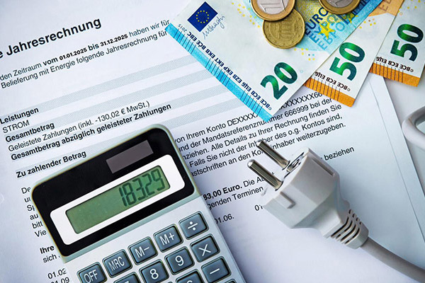Eine Jahresverbrauchsabrechnung liegt auf einem Tisch. Darauf befinden sich ein Taschenrechner mit angezeigtem Betrag, Euro-Scheine und -Münzen sowie ein weißer Netzstecker, die gemeinsam Kosten und Energieverbrauch symbolisieren.